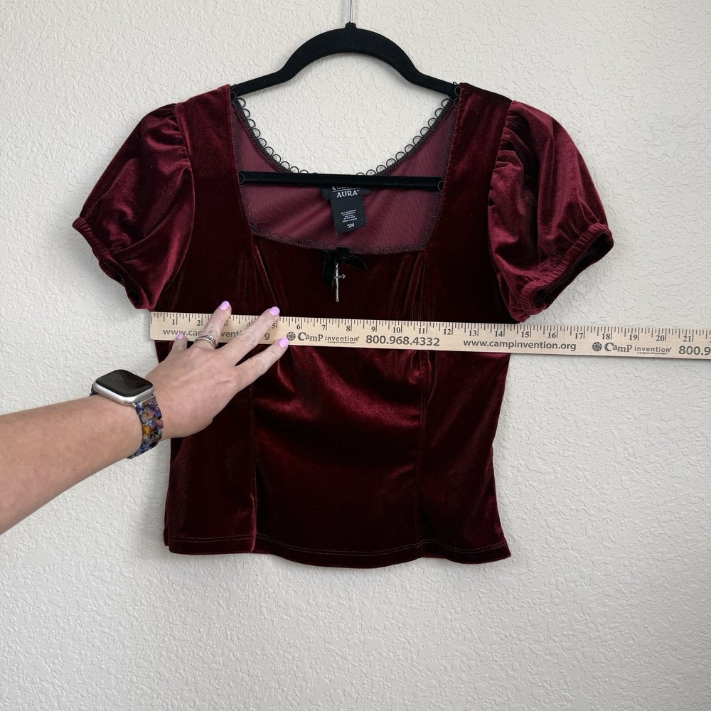 Cosmic Aura Red Velvet Puff Sleeve Crop Top Goth Ren Fair Cross Dark Romantic SM - Picture 2 of 6
